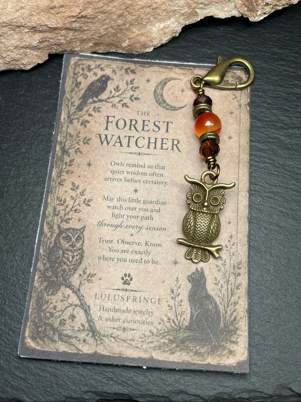 Forest Watcher™ Little Curiosity – Owl Keepsake Carnelian Charm Bag, Zipper Pull